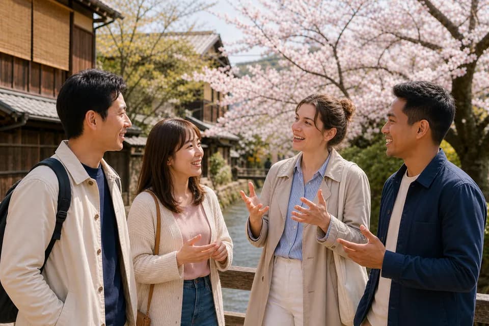 People connecting through conversation in Japan beneath cherry blossoms