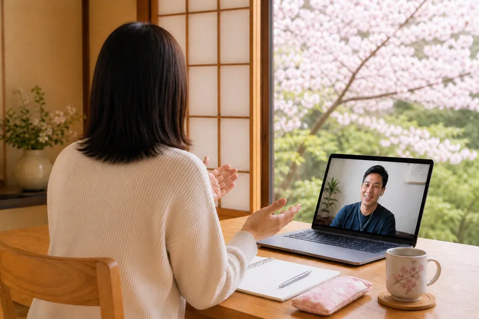 A Japanese teacher connecting with a student during an online lesson